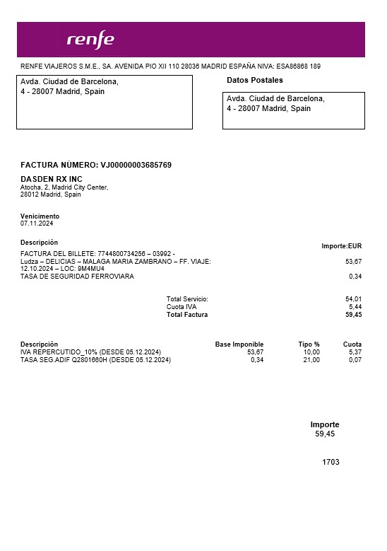 Spain Renfe business utility bill template in Word and PDF formats